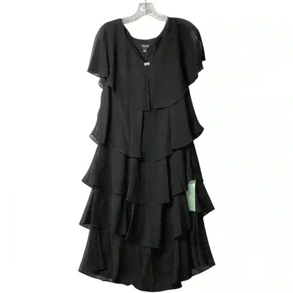 Slny Fashions NY NWT Women's Black Semi Sheer Layered Midi V-Neck Dress Size 14 - Picture 1 of 7
